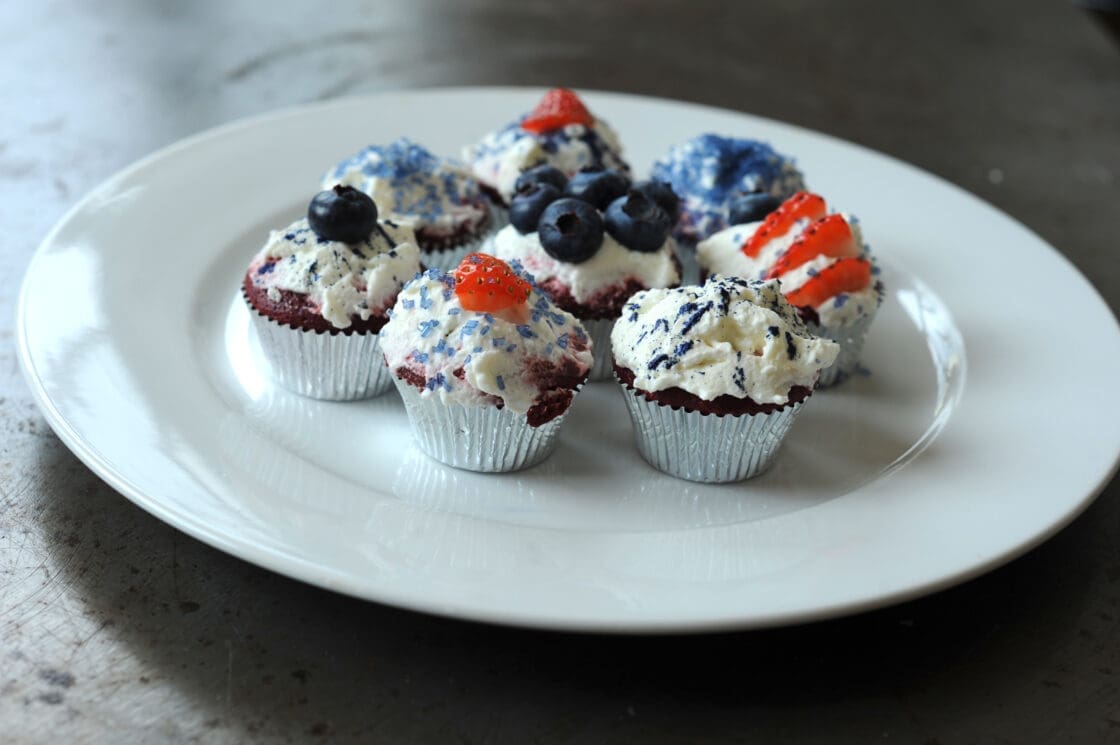 Image of mini cupcakes. red white and blue cupcakes for 4th of July 4th of July dessert recipe
