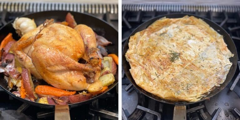 Image of two side-by-side dishes both cooked in the Made In carbon steel fry pan, which can withstand super high heat. On the left we have a whole roasted chicken with roasted potatoes and carrots and on the right a chicken pot pie with a beautifully browned crust topped with fresh herbs.