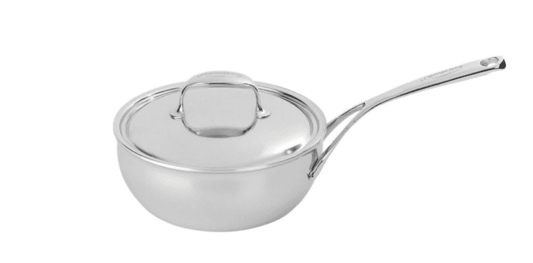Image of Demeyere 3.5 qt Conic Sauté Pan/Saucier with lid, 18/10 Stainless Steel on a plain white background that is non-reactive compared to carbon steel or cast iron.