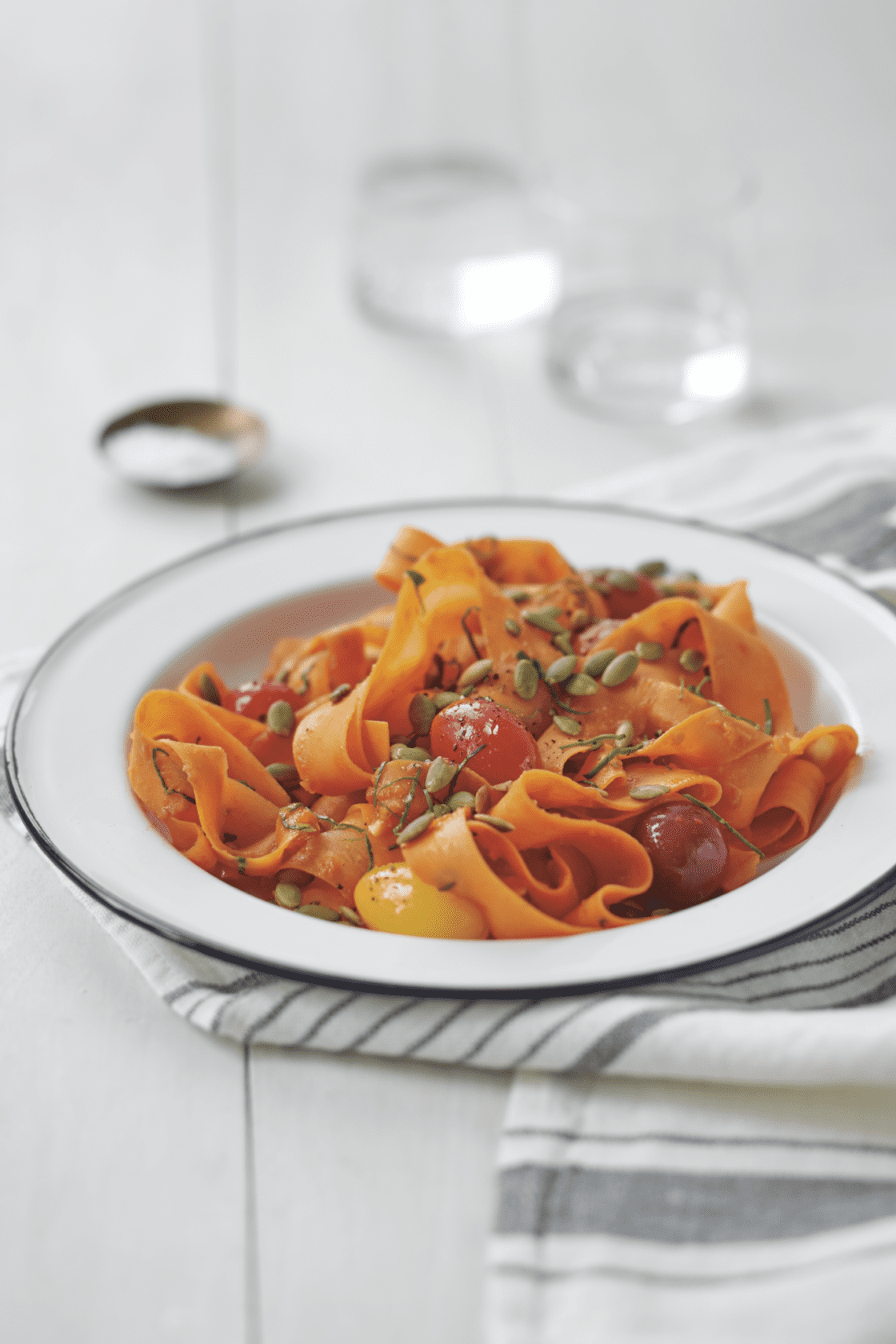 Coastal Carrot “Fettuccine” with Sun-Dried Tomatoes and Pumpkin Seeds