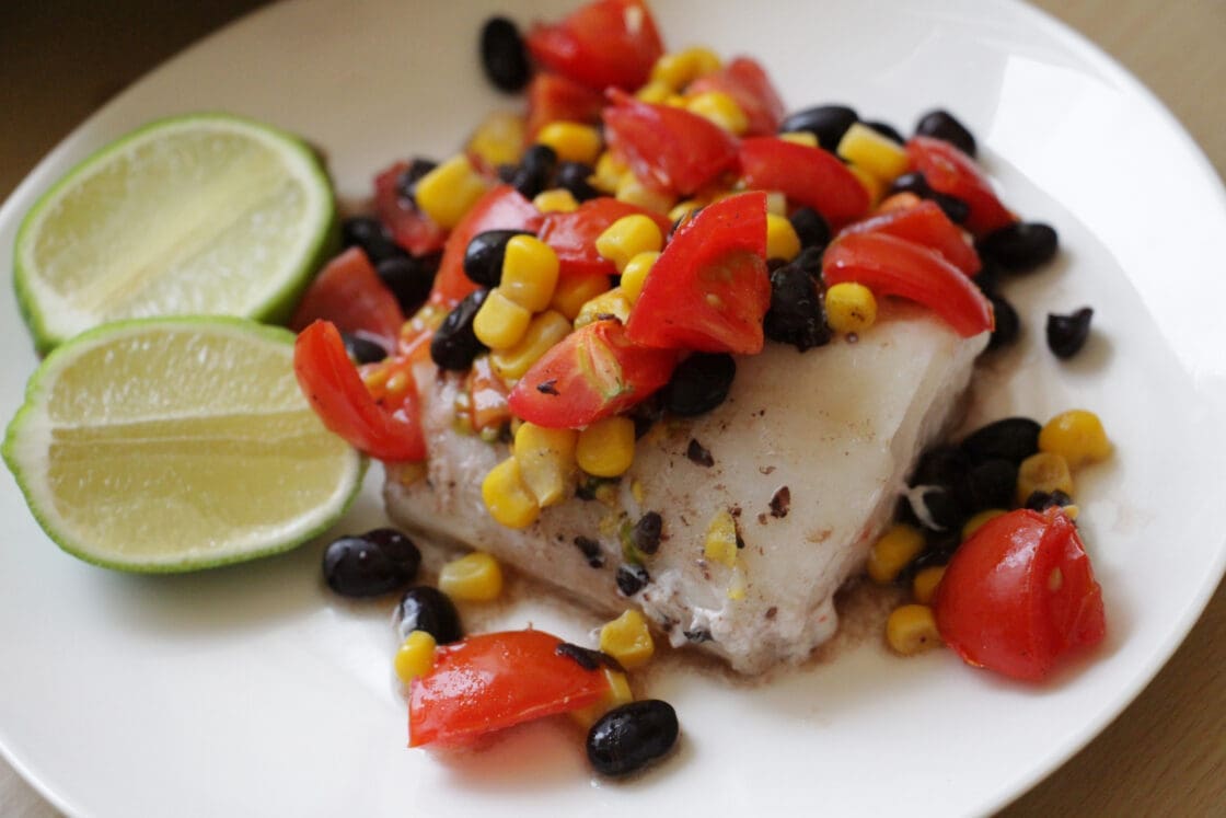 seagan eating southwestern halibut in foil