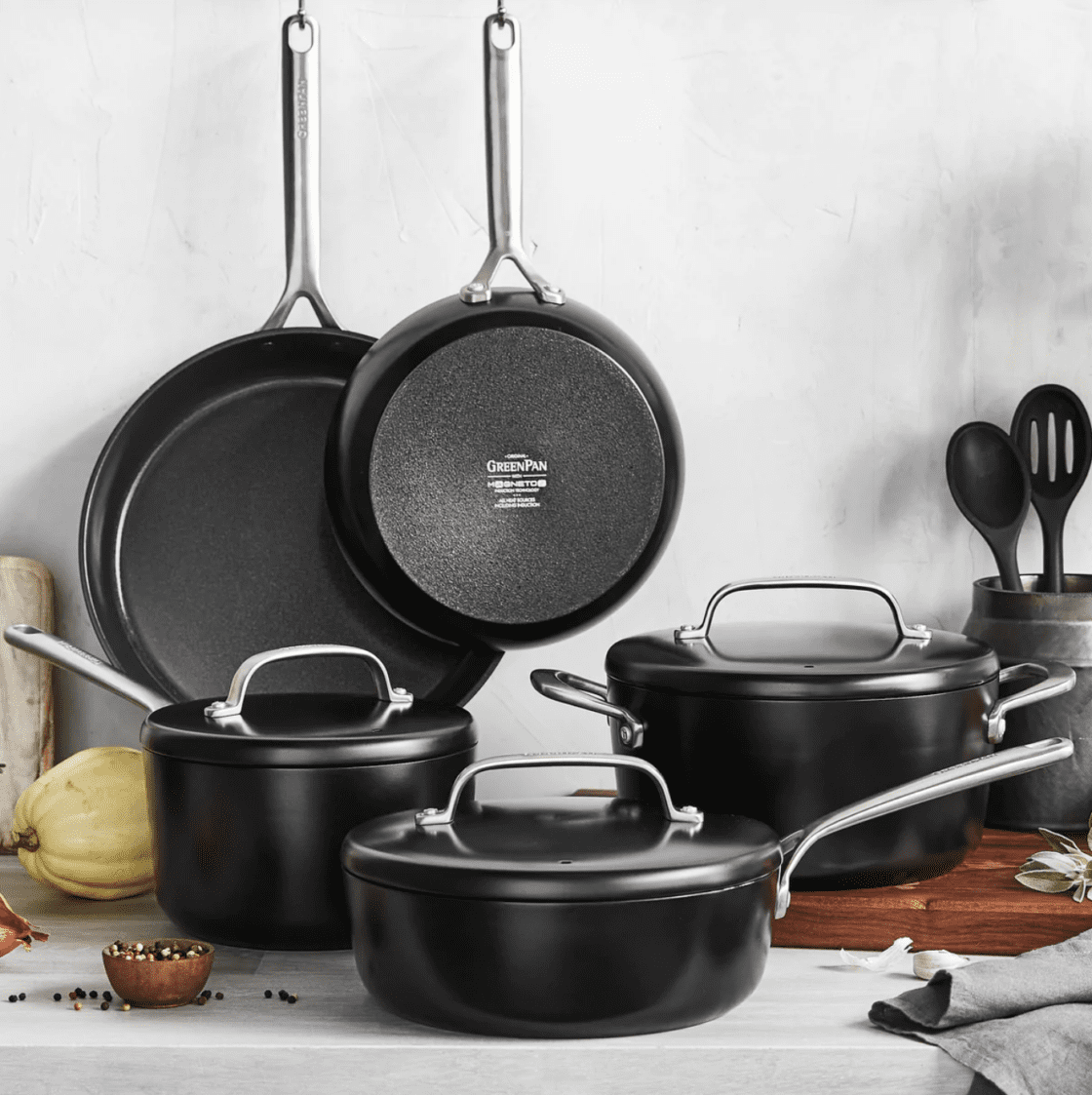 GreenPan cookware GP5 line, via Organic Authority which has a high customer overall average rating value if you visit their site and search through their lines, customers also love that they ship free over a certain amount and this set falls in that category.