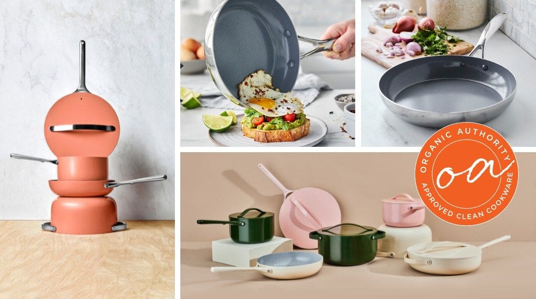 Image of a stainless steel vs ceramic cookware collage showing different types of modern non-toxic cookware