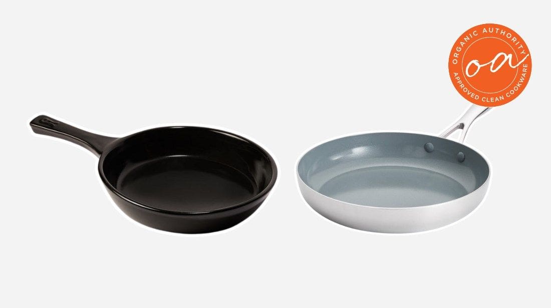 image of two ceramic pans, one Xtrema pan which is pure ceramic, the other Caraway, which is ceramic coated on a plain, white background