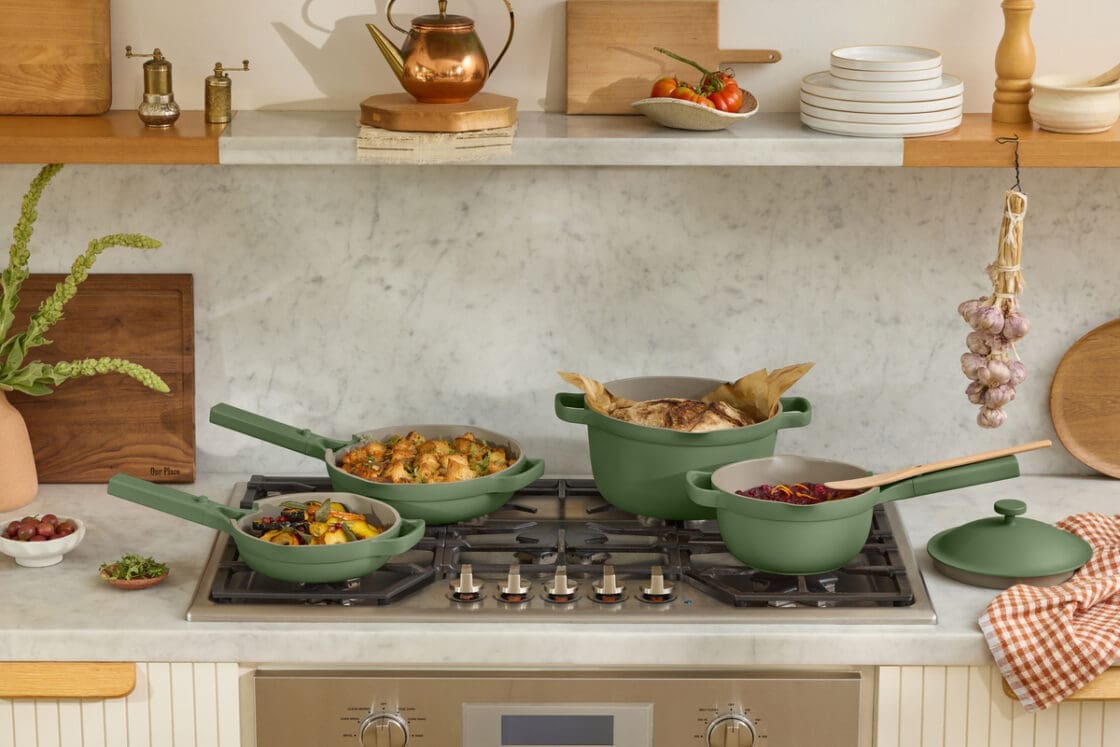 Image of the Our Place ceramic cookware set. Buyers who balance ceramic cookware pros and cons will love Our Place's gorgeous design.