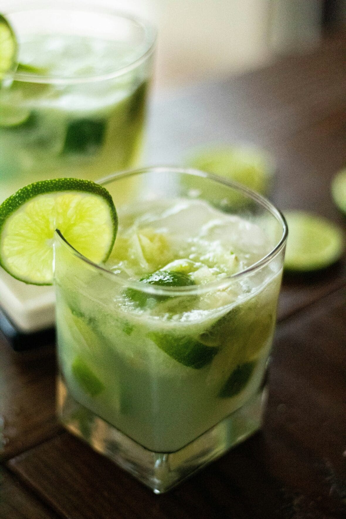 Image of a green juice and gin recipe in a highball glass.