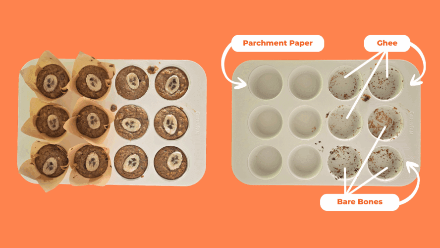 Collage of two images of the GreenPan Reserve muffin side by side, one filled with muffins and one with the after-effects of removing the muffins based on various prep techniques.