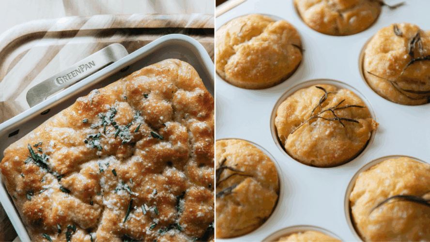 Two photos of focaccia bread side by side baked in different ways — in a sheet pan on the left and in a muffin pan on the right.