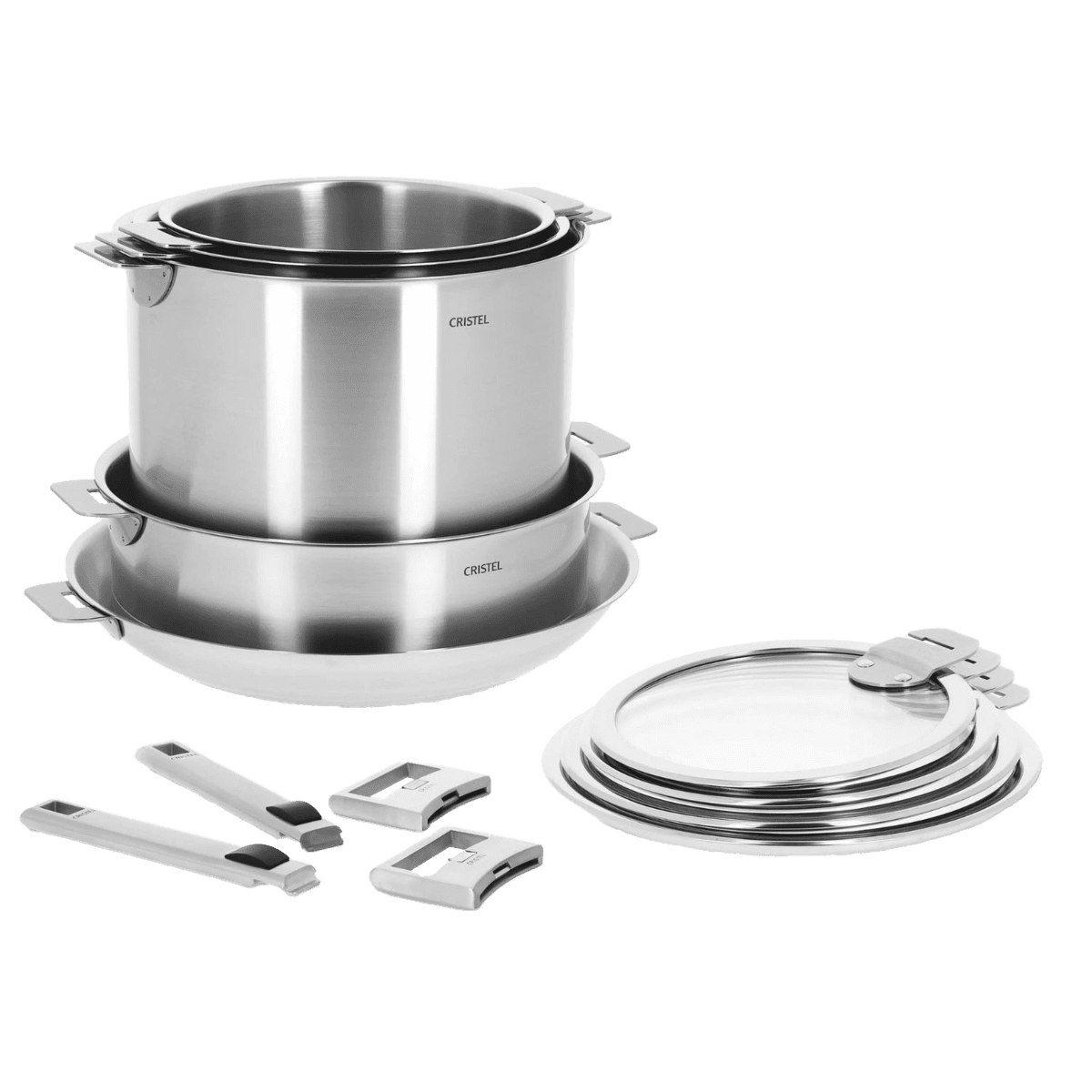Image of the Cristel stainless steel 13-piece set, showcasing the many detachable pieces that make this set so innovative.