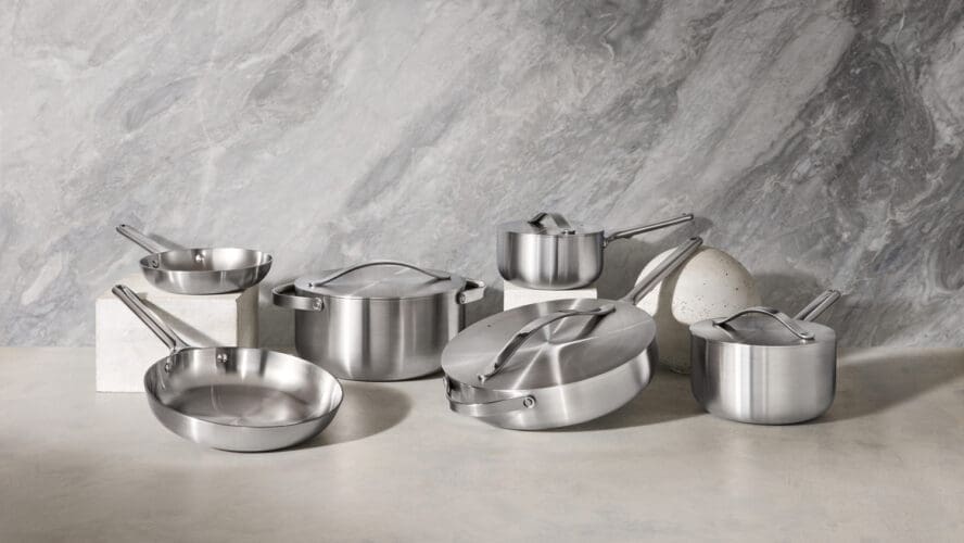 Image of a Caraway Stainless Steel set displayed against grey marble.
