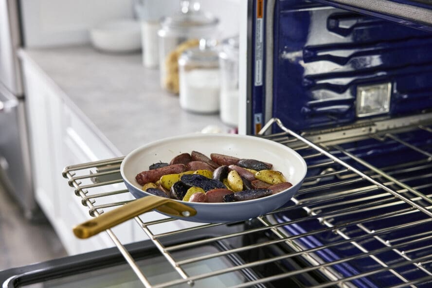 Image of a frypan on an oven rack for reserve pro cookware review
