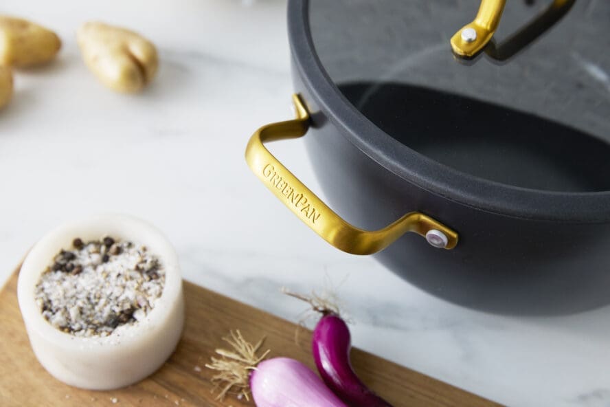Image of an upclose view of the details on the GreenPan Reserve Pro gold handles