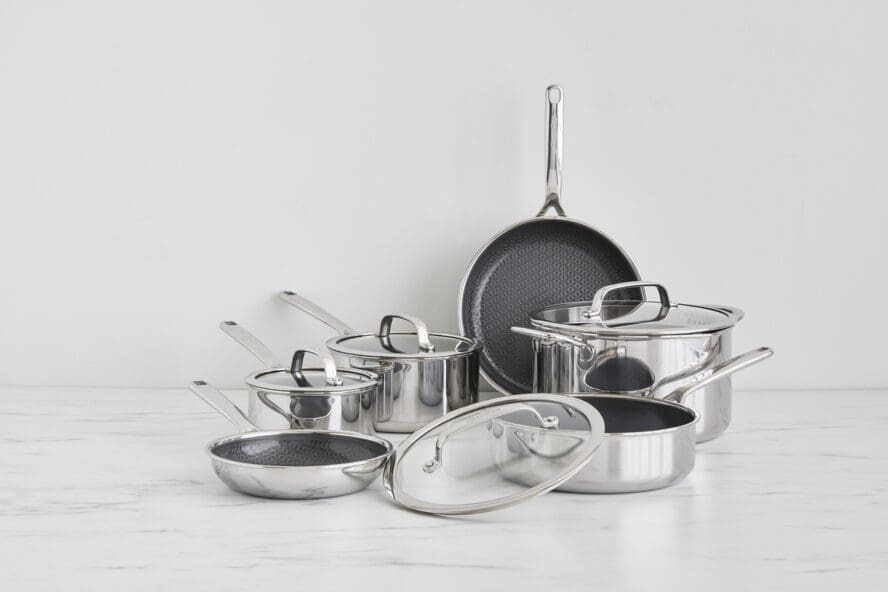 Image of all of the cookware pieces in the GreenPan Spectra 11-piece set arranged on a countertop.