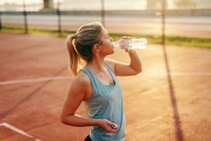 Image of a young blonde woman on a tennis court drinking from a plastic water bottle that likely contains microplastics.