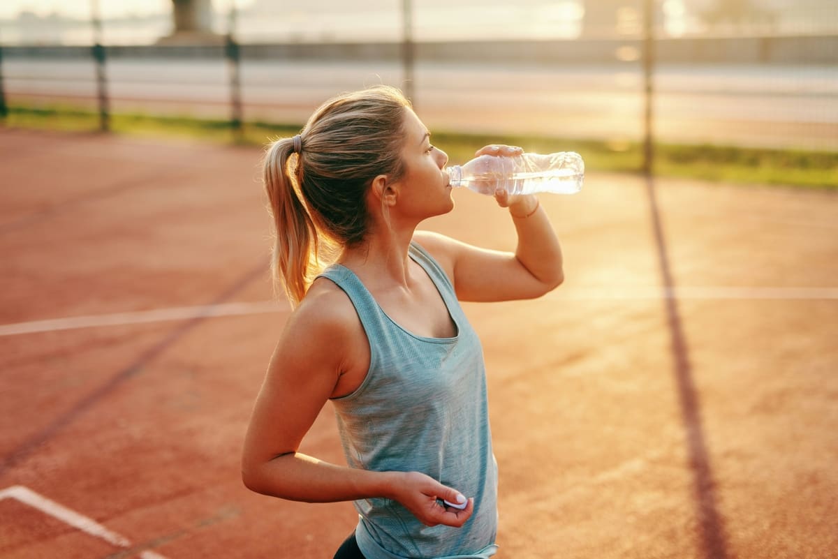 Image of a young blonde woman on a tennis court drinking from a plastic water bottle that likely contains microplastics.